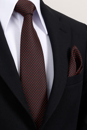 Esgue 8 Cm Hand Made Siyah - Kırmızı Nokta Desenli Mendilli Kravat