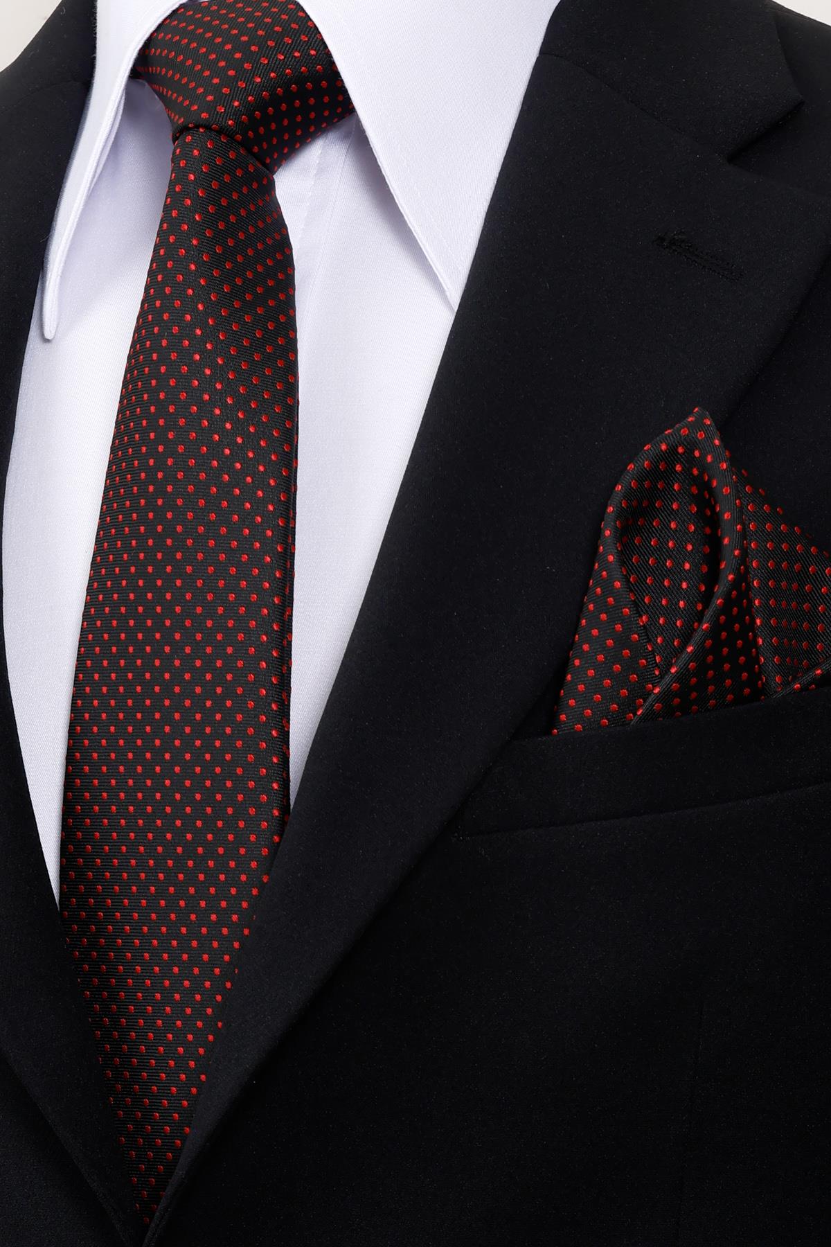 Esgue 8 Cm Hand Made Siyah - Kırmızı Nokta Desenli Mendilli Kravat