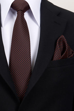 Esgue 8 Cm Hand Made Siyah - Kırmızı Nokta Desenli Mendilli Kravat