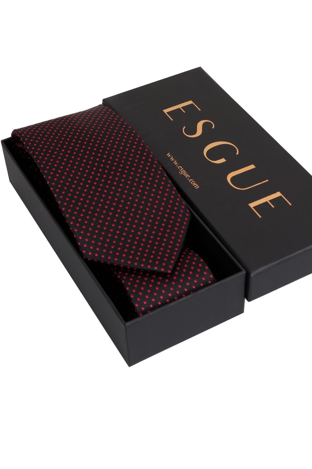 Esgue 8 Cm Hand Made Siyah - Kırmızı Nokta Desenli Mendilli Kravat