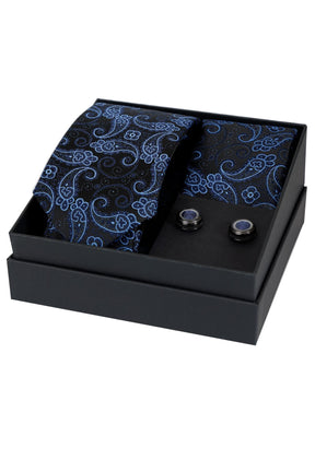 Esgue 8 Cm Hand Made Siyah Mavi Şal Desen Kravat Mendil & Kol Düğmesi Hediye Seti HSET:106