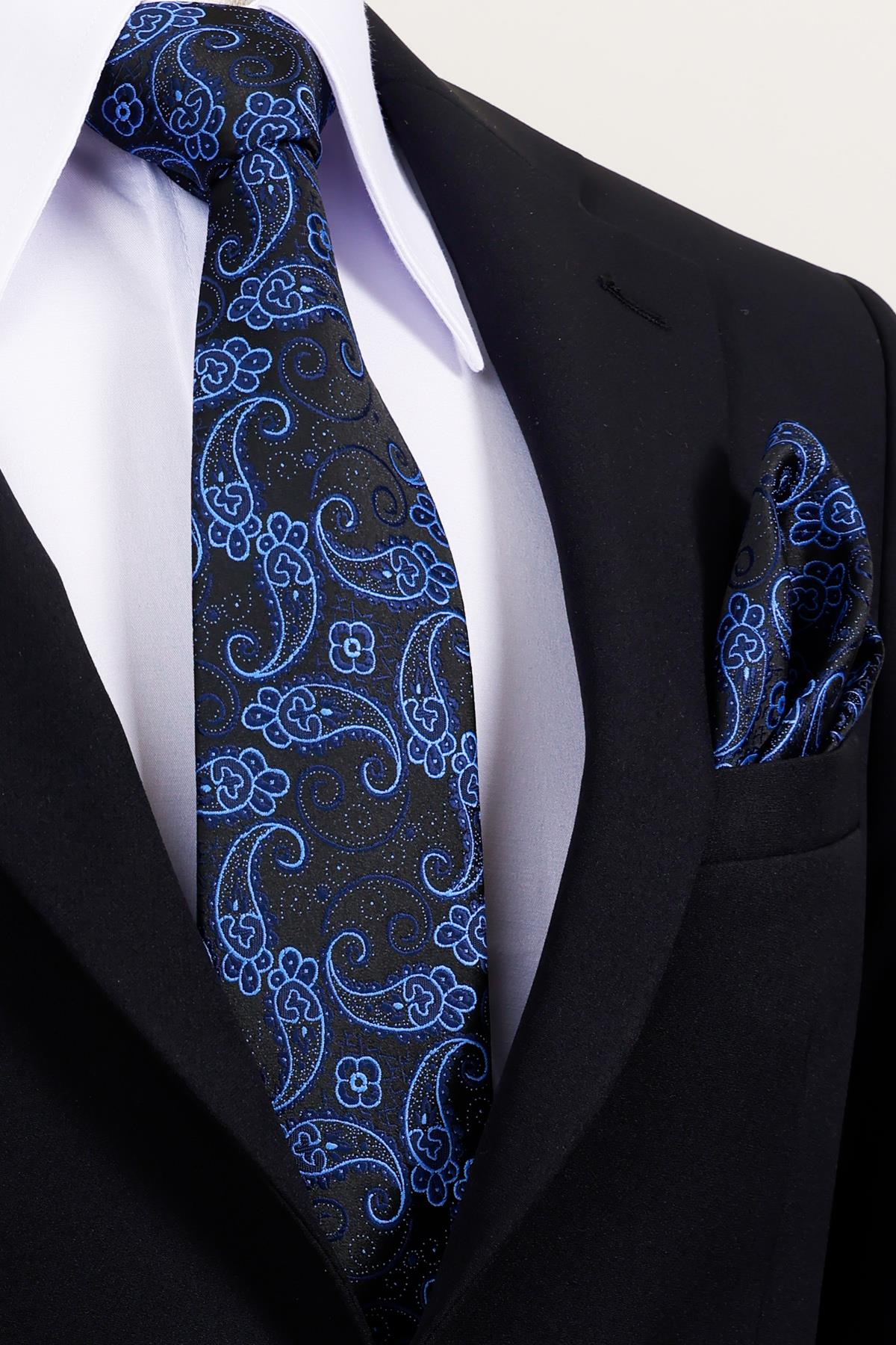 Esgue 8 Cm Hand Made Siyah Mavi Şal Desen Kravat Mendil & Kol Düğmesi Hediye Seti HSET:106