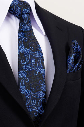 Esgue 8 Cm Hand Made Siyah Mavi Şal Desen Kravat Mendil & Kol Düğmesi Hediye Seti HSET:106