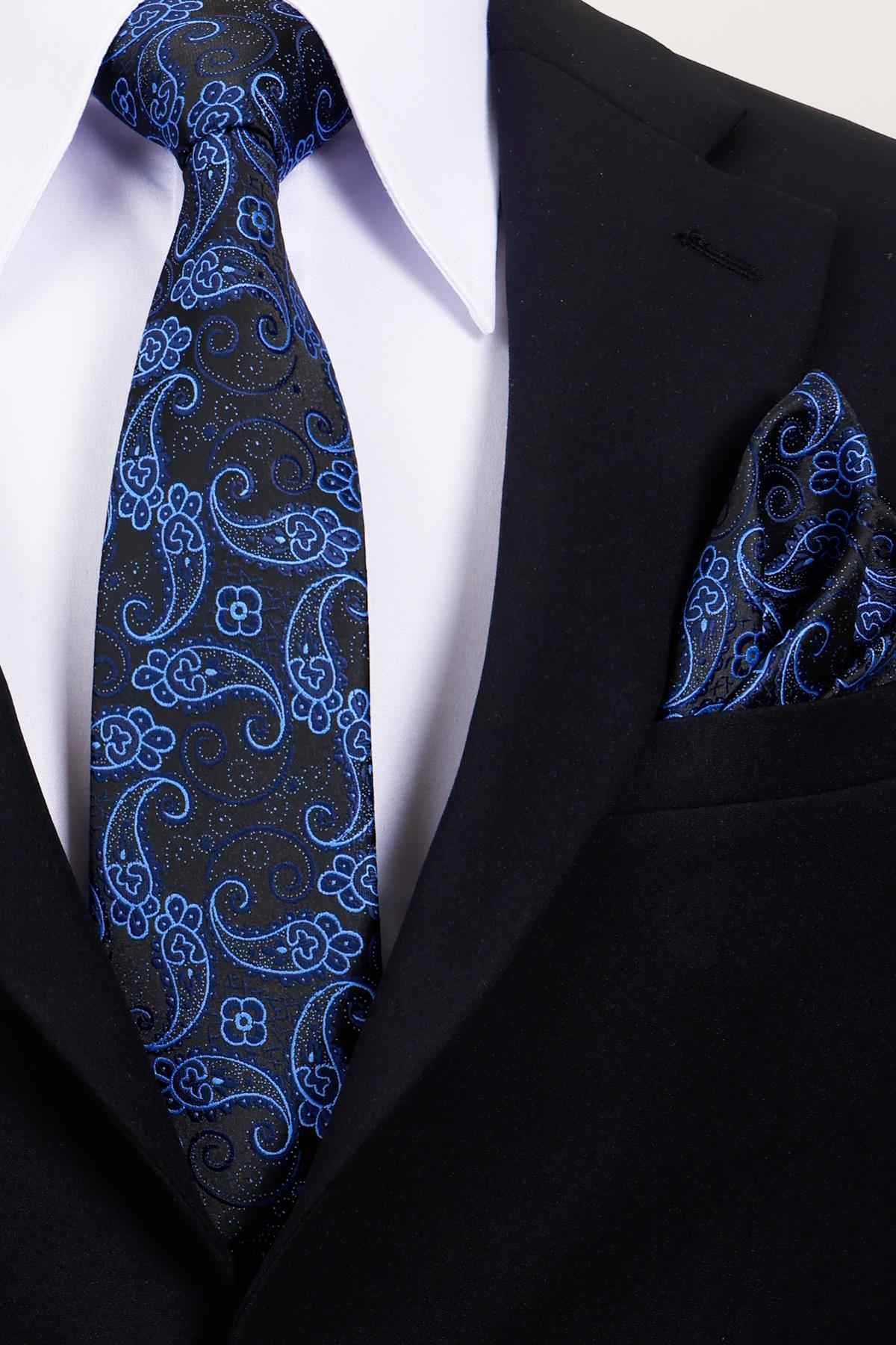 Esgue 8 Cm Hand Made Siyah - Mavi Şal Desen Mendilli Kravat