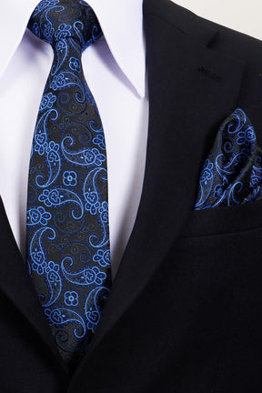Esgue 8 Cm Hand Made Siyah - Mavi Şal Desen Mendilli Kravat