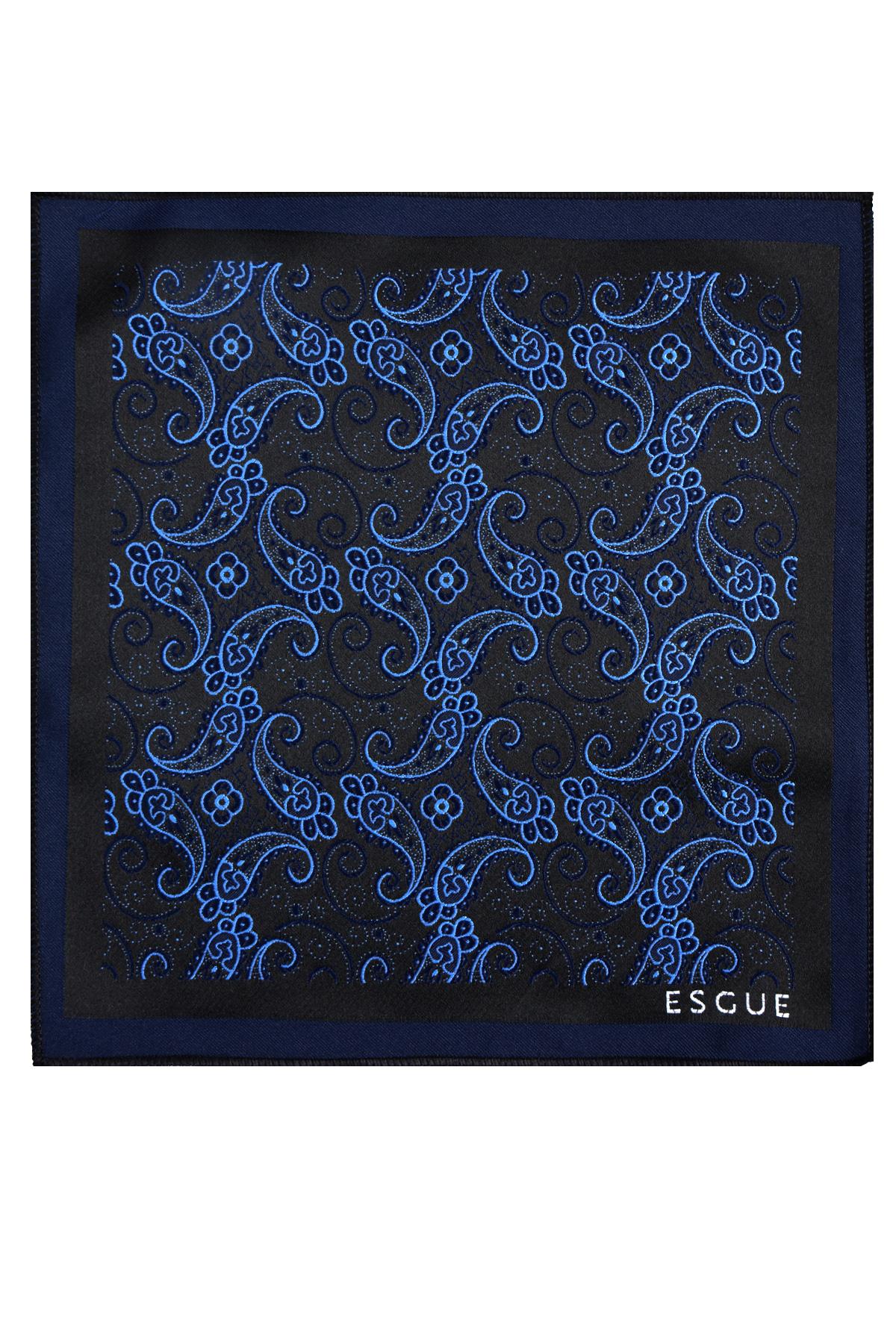 Esgue 8 Cm Hand Made Siyah - Mavi Şal Desen Mendilli Kravat