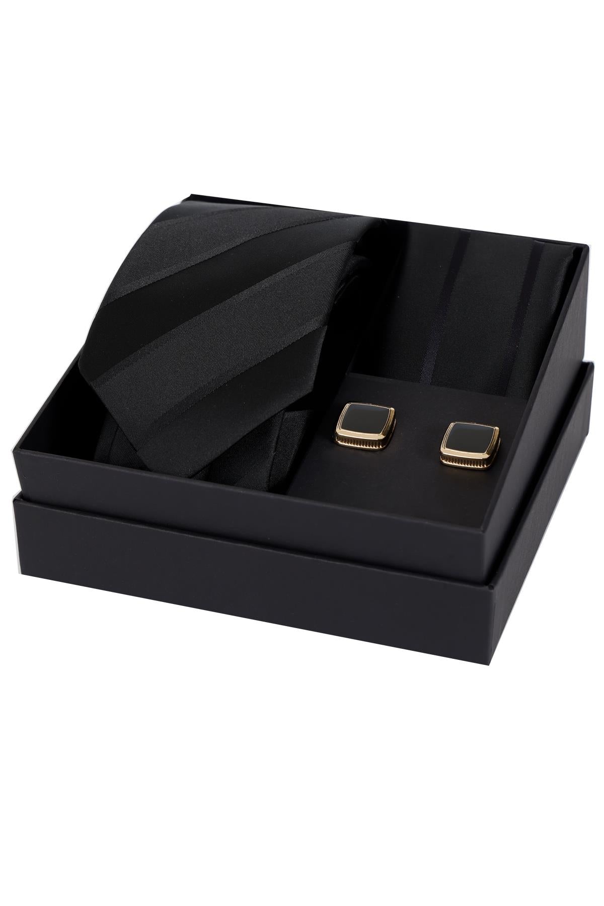 Esgue 8 Cm Hand Made Siyah Renk Kravat Mendil & Kol Düğmesi Hediye Seti HSET:141