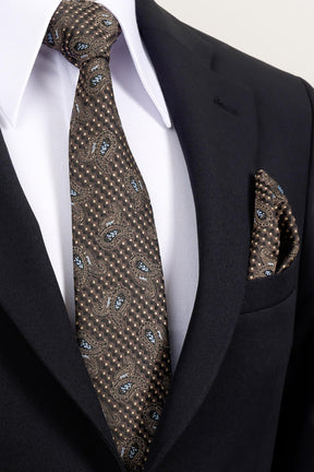 Esgue 8 cm Kahverengi Mavi Şal Desen Hand Made Klasik Geniş Mendilli Kravat