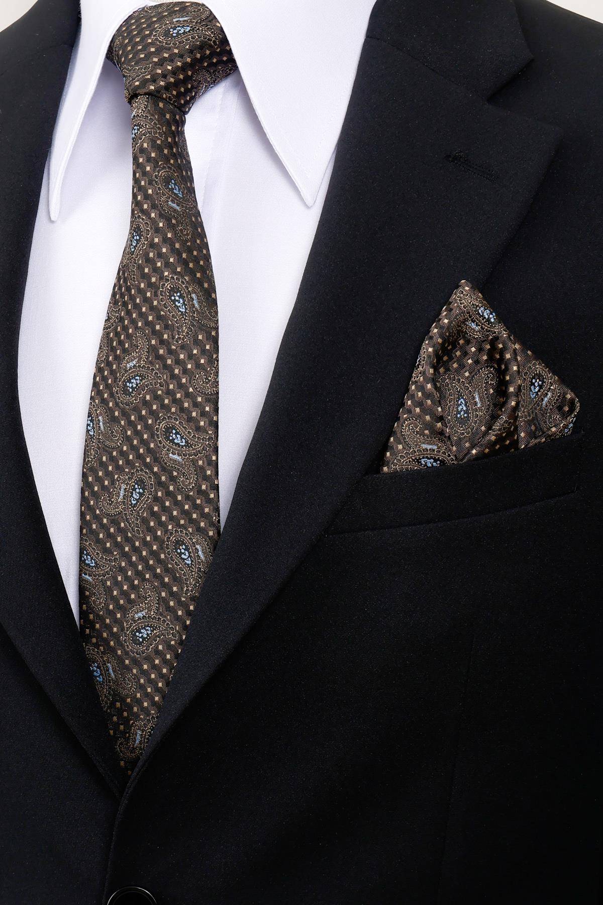 Esgue 8 cm Kahverengi Mavi Şal Desen Hand Made Klasik Geniş Mendilli Kravat