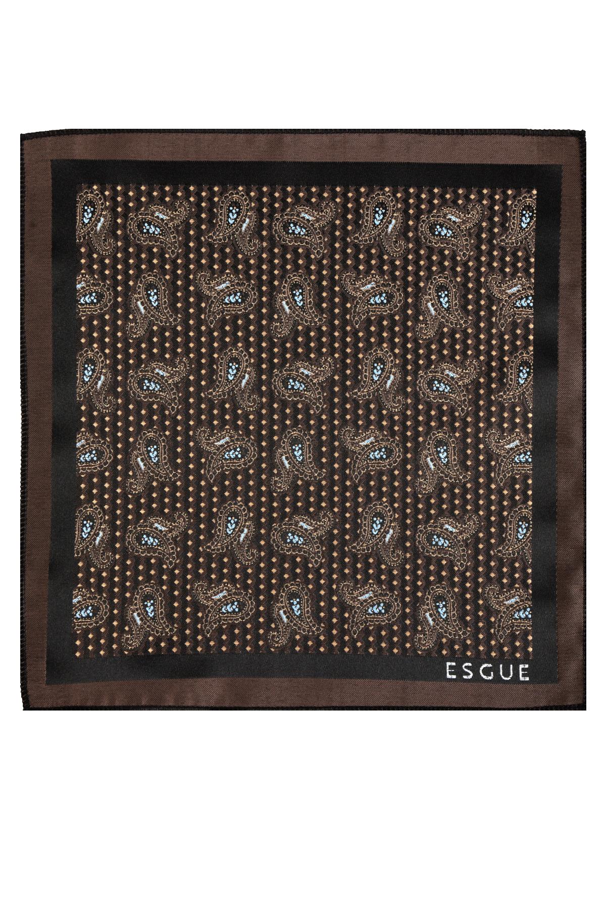 Esgue 8 cm Kahverengi Mavi Şal Desen Hand Made Klasik Geniş Mendilli Kravat