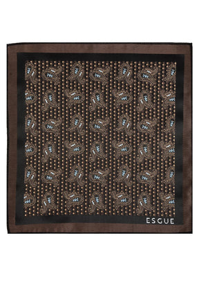 Esgue 8 cm Kahverengi Mavi Şal Desen Hand Made Klasik Geniş Mendilli Kravat