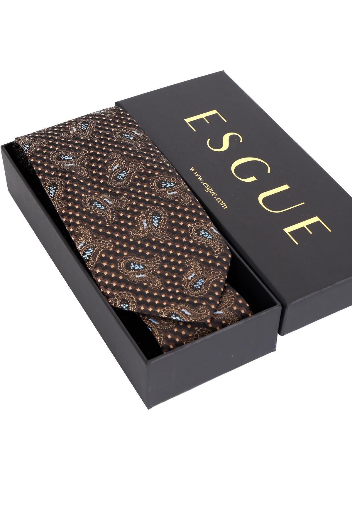 Esgue 8 cm Kahverengi Mavi Şal Desen Hand Made Klasik Geniş Mendilli Kravat