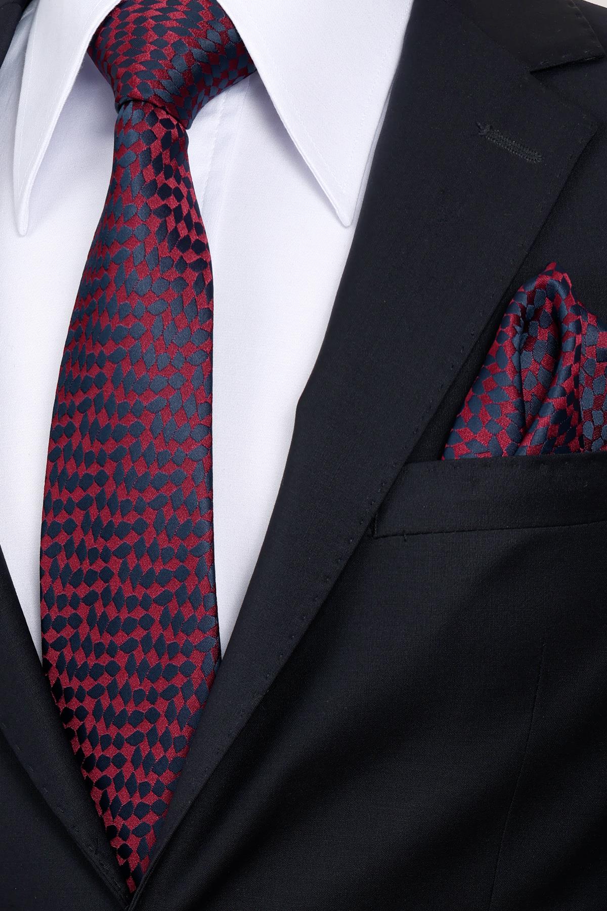 Esgue 8 Cm Klasik Geniş Hand Made Bordo - Lacivert Desenli Mendilli Kravat