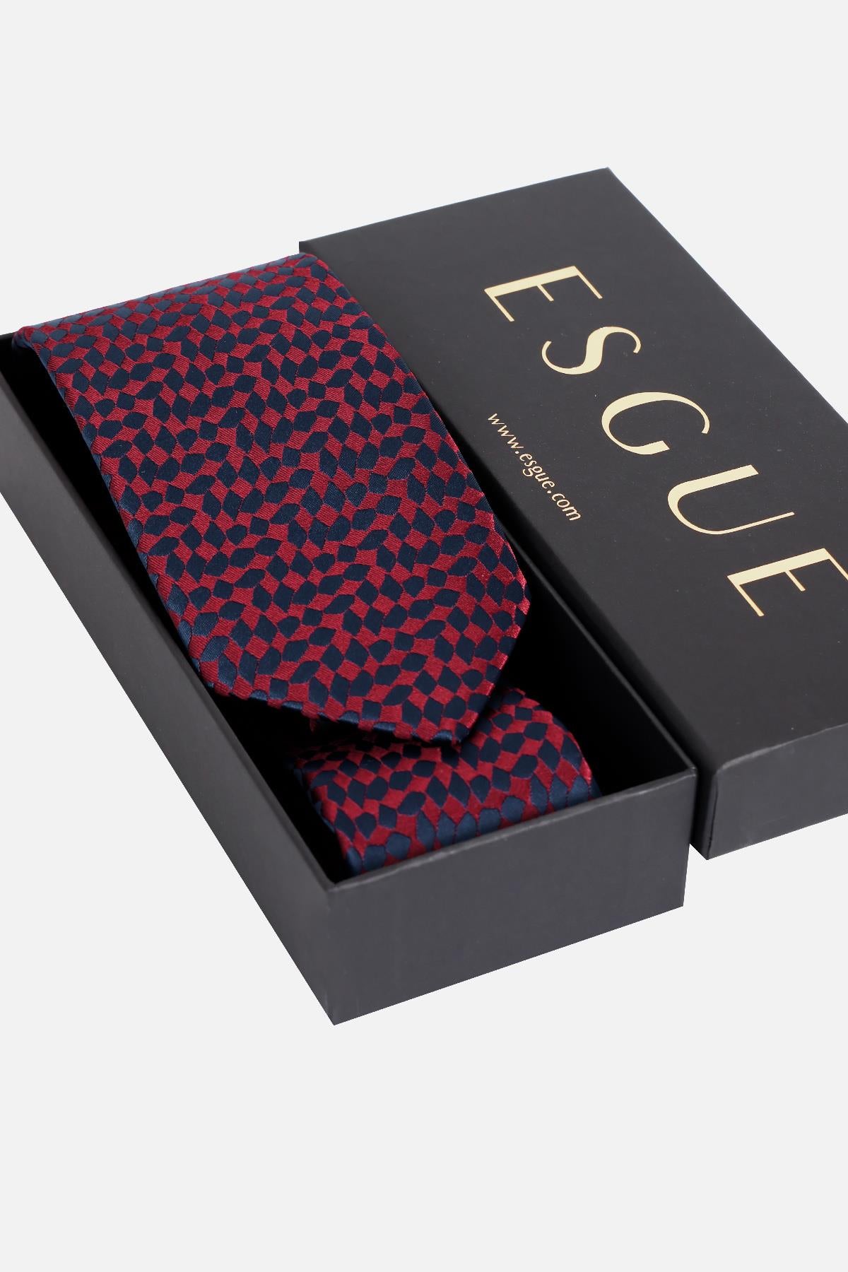 Esgue 8 Cm Klasik Geniş Hand Made Bordo - Lacivert Desenli Mendilli Kravat