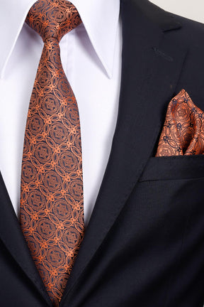 Esgue 8 Cm Klasik Geniş Hand Made Kiremit - Lacivert Motif Desen Mendilli Kravat