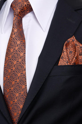 Esgue 8 Cm Klasik Geniş Hand Made Kiremit - Lacivert Motif Desen Mendilli Kravat