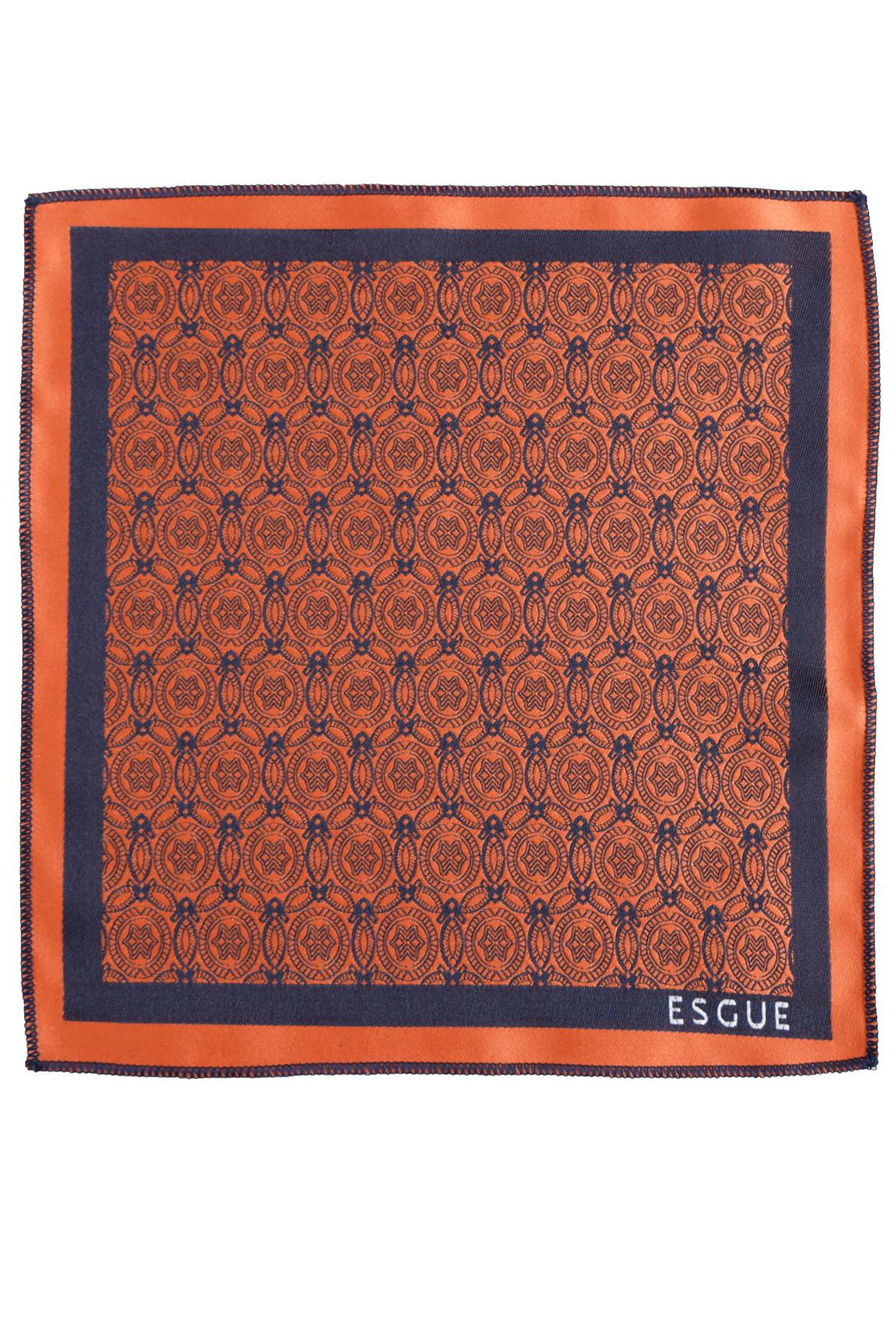 Esgue 8 Cm Klasik Geniş Hand Made Kiremit - Lacivert Motif Desen Mendilli Kravat