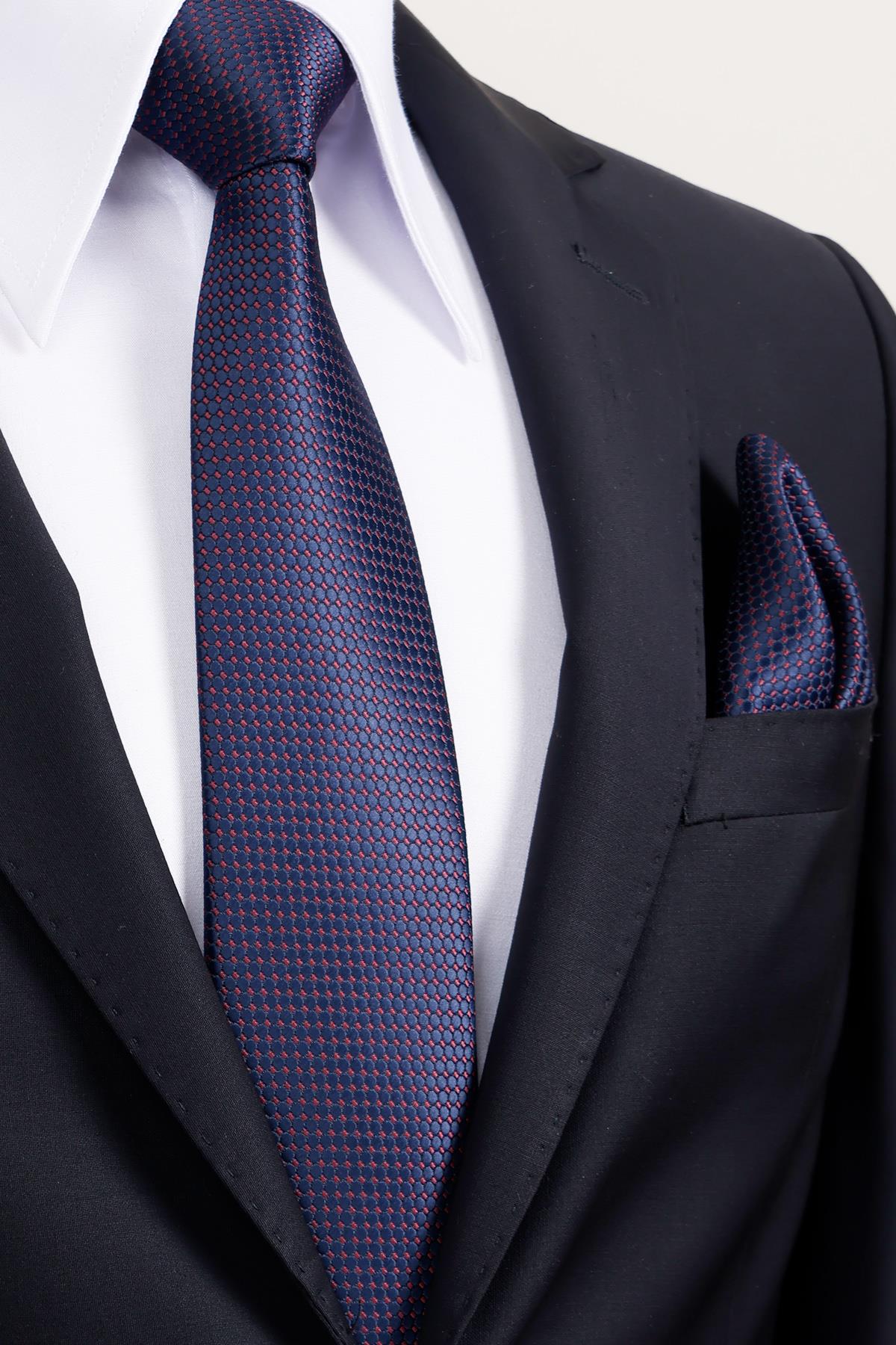 Esgue 8 Cm Klasik Geniş Hand Made Lacivert - Bordo Nokta Desen Mendilli Kravat