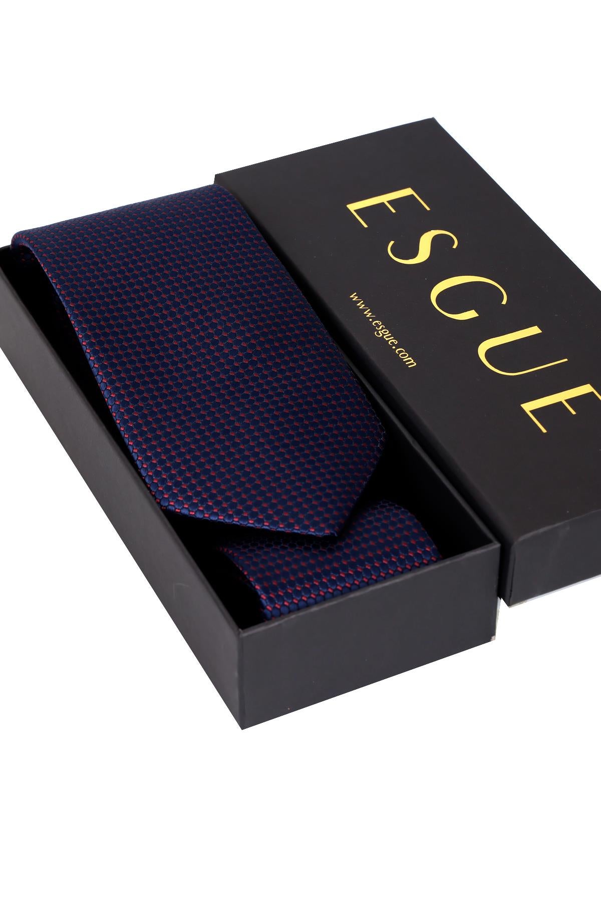 Esgue 8 Cm Klasik Geniş Hand Made Lacivert - Bordo Nokta Desen Mendilli Kravat