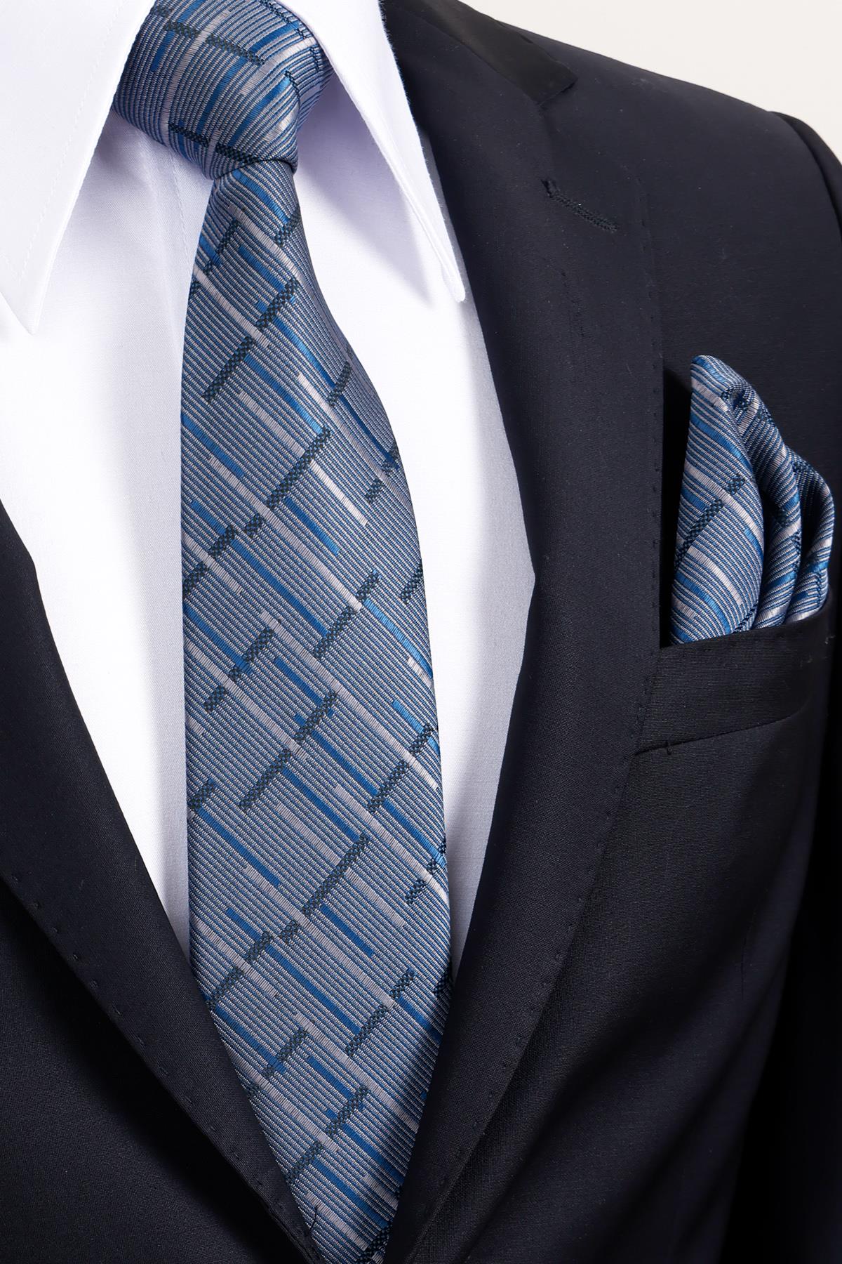 Esgue 8 Cm Klasik Geniş Hand Made Lacivert - Gri Çizgili Desen Mendilli Kravat