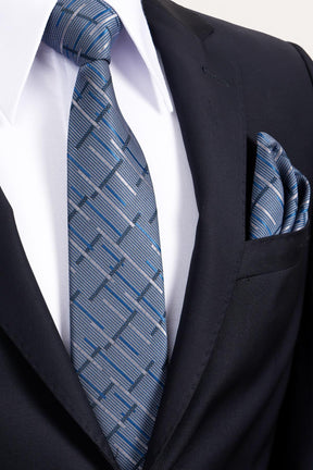 Esgue 8 Cm Klasik Geniş Hand Made Lacivert - Gri Çizgili Desen Mendilli Kravat