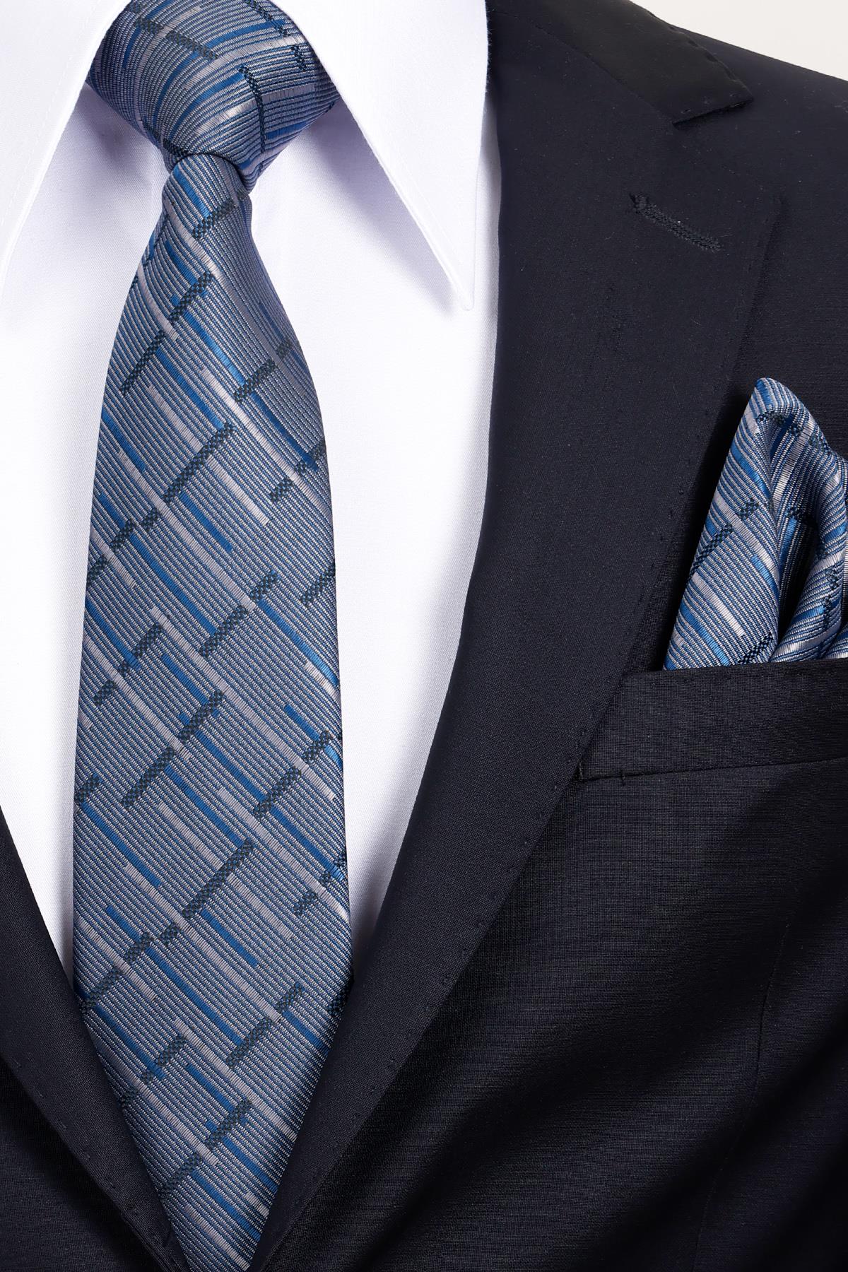 Esgue 8 Cm Klasik Geniş Hand Made Lacivert - Gri Çizgili Desen Mendilli Kravat