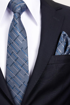 Esgue 8 Cm Klasik Geniş Hand Made Lacivert - Gri Çizgili Desen Mendilli Kravat