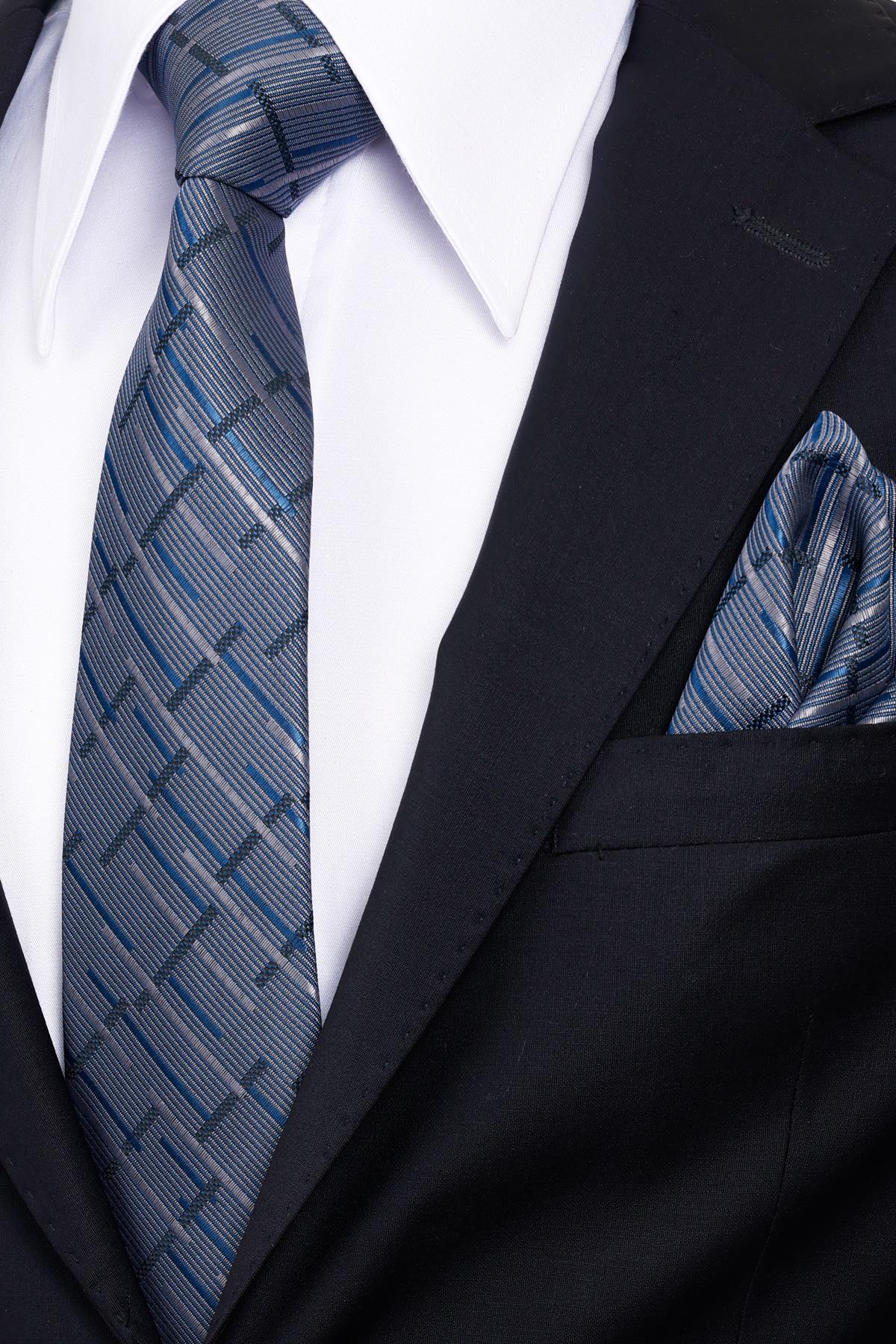 Esgue 8 Cm Klasik Geniş Hand Made Lacivert - Gri Çizgili Desen Mendilli Kravat