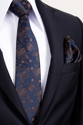 Esgue 8 Cm Klasik Geniş Hand Made Lacivert - Kahverengi Çiçek Desen Mendilli Kravat