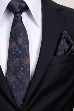 Esgue 8 Cm Klasik Geniş Hand Made Lacivert - Kahverengi Çiçek Desen Mendilli Kravat