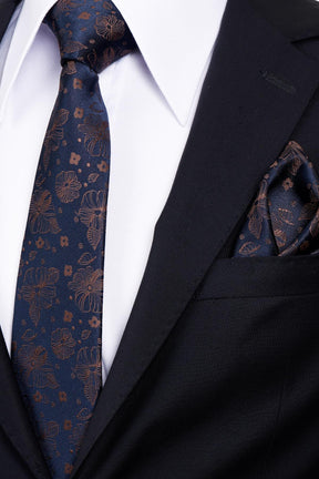 Esgue 8 Cm Klasik Geniş Hand Made Lacivert - Kahverengi Çiçek Desen Mendilli Kravat