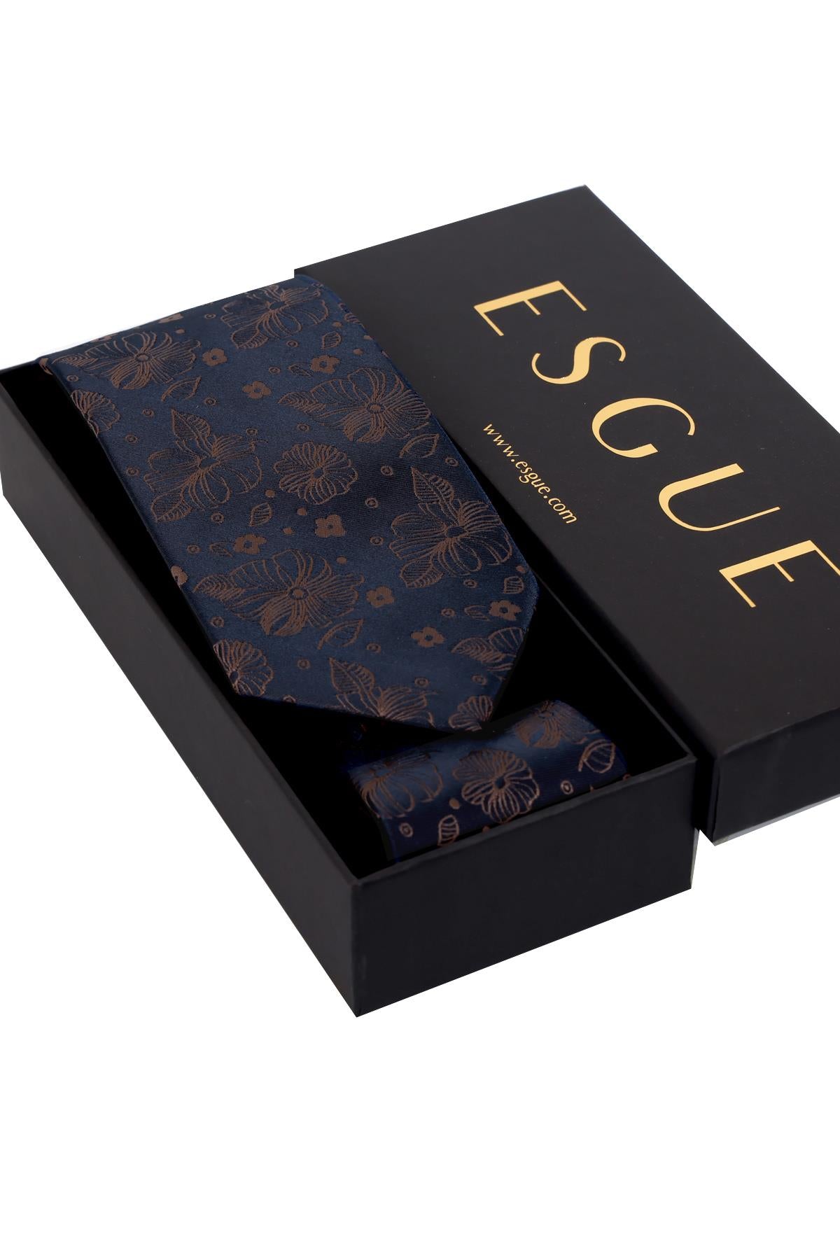 Esgue 8 Cm Klasik Geniş Hand Made Lacivert - Kahverengi Çiçek Desen Mendilli Kravat