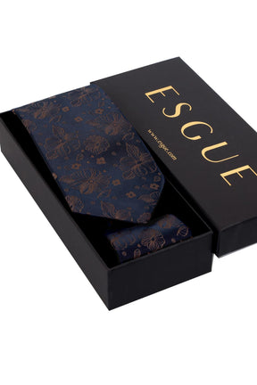 Esgue 8 Cm Klasik Geniş Hand Made Lacivert - Kahverengi Çiçek Desen Mendilli Kravat