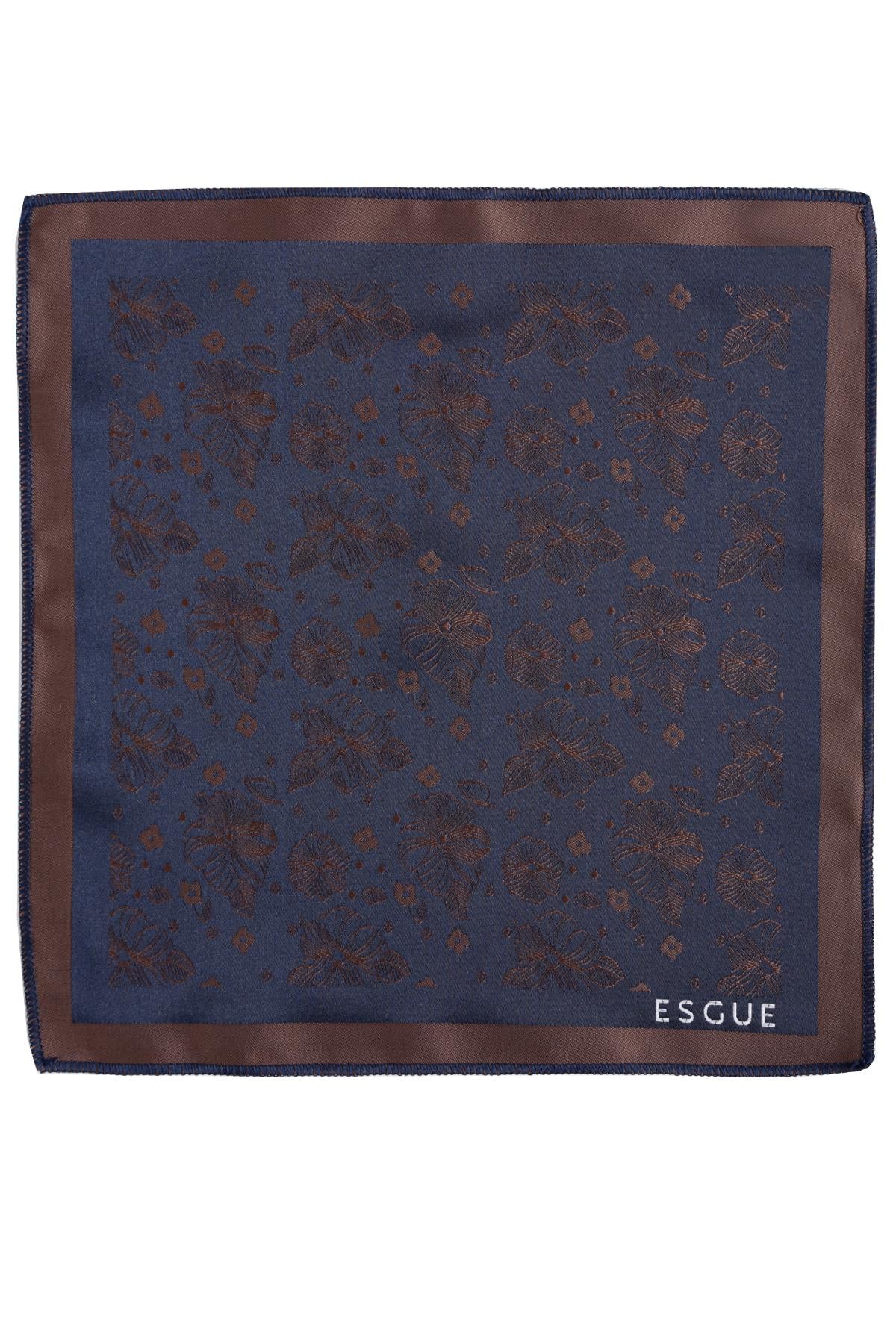 Esgue 8 Cm Klasik Geniş Hand Made Lacivert - Kahverengi Çiçek Desen Mendilli Kravat