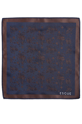 Esgue 8 Cm Klasik Geniş Hand Made Lacivert - Kahverengi Çiçek Desen Mendilli Kravat