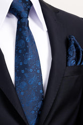 Esgue 8 Cm Klasik Geniş Hand Made Lacivert - Mavi Çiçek Desen Mendilli Kravat