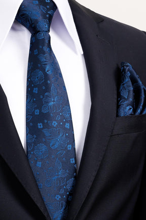 Esgue 8 Cm Klasik Geniş Hand Made Lacivert - Mavi Çiçek Desen Mendilli Kravat