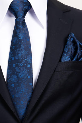 Esgue 8 Cm Klasik Geniş Hand Made Lacivert - Mavi Çiçek Desen Mendilli Kravat