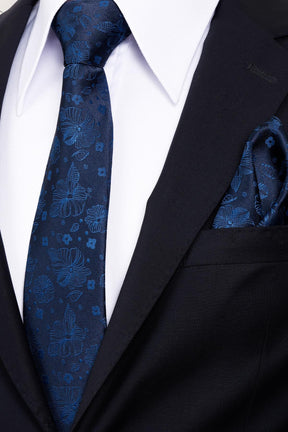 Esgue 8 Cm Klasik Geniş Hand Made Lacivert - Mavi Çiçek Desen Mendilli Kravat