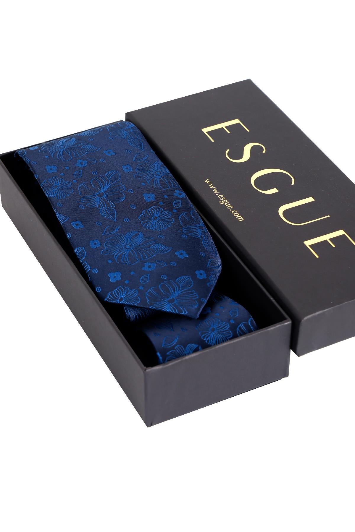 Esgue 8 Cm Klasik Geniş Hand Made Lacivert - Mavi Çiçek Desen Mendilli Kravat