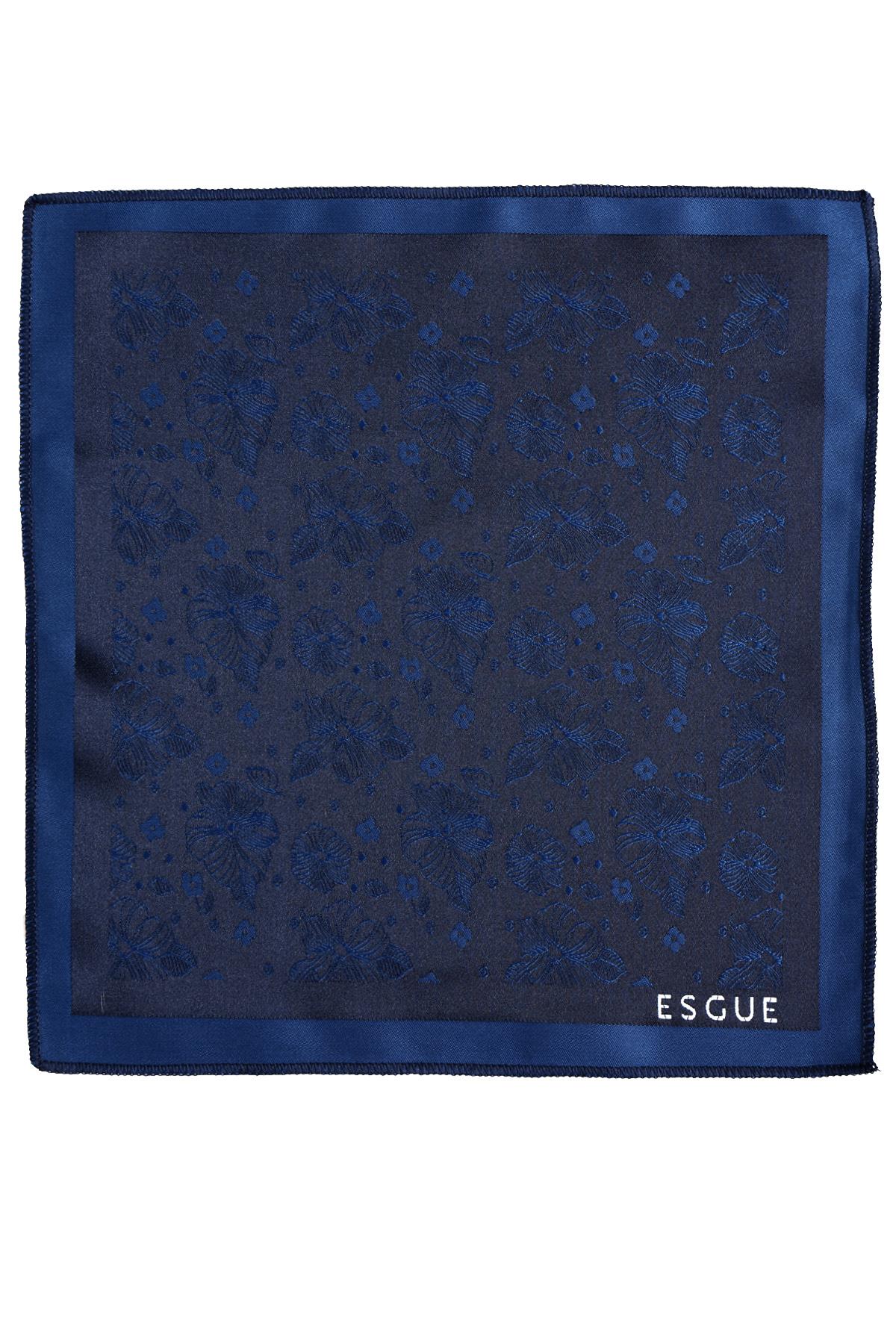 Esgue 8 Cm Klasik Geniş Hand Made Lacivert - Mavi Çiçek Desen Mendilli Kravat