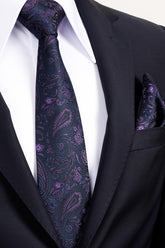 Esgue 8 Cm Klasik Geniş Hand Made Lacivert - Mor Şal Desen Mendilli Kravat