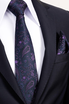 Esgue 8 Cm Klasik Geniş Hand Made Lacivert - Mor Şal Desen Mendilli Kravat