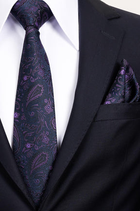 Esgue 8 Cm Klasik Geniş Hand Made Lacivert - Mor Şal Desen Mendilli Kravat