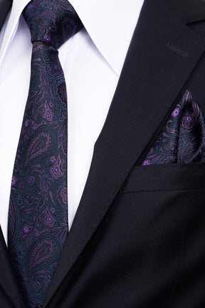 Esgue 8 Cm Klasik Geniş Hand Made Lacivert - Mor Şal Desen Mendilli Kravat