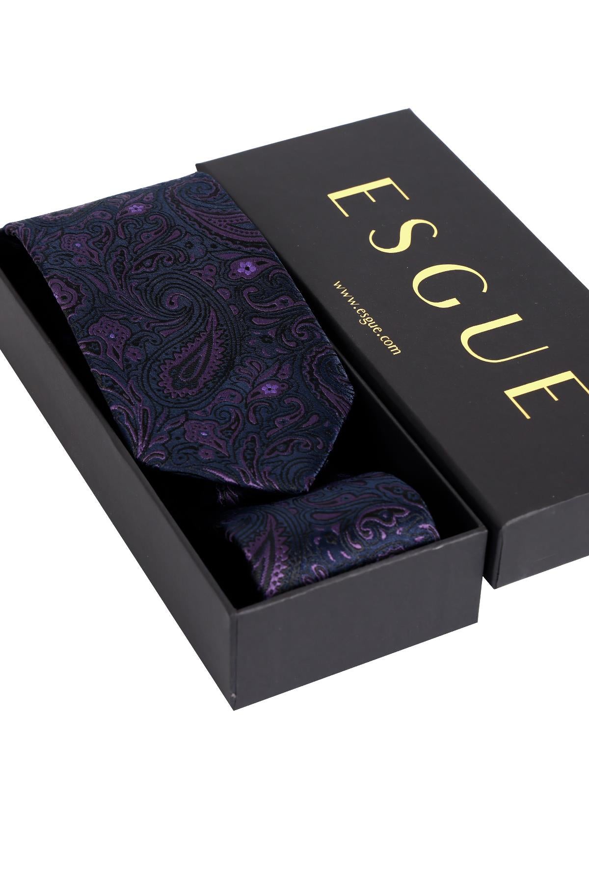 Esgue 8 Cm Klasik Geniş Hand Made Lacivert - Mor Şal Desen Mendilli Kravat