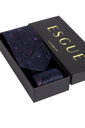 Esgue 8 Cm Klasik Geniş Hand Made Lacivert - Mor Şal Desen Mendilli Kravat