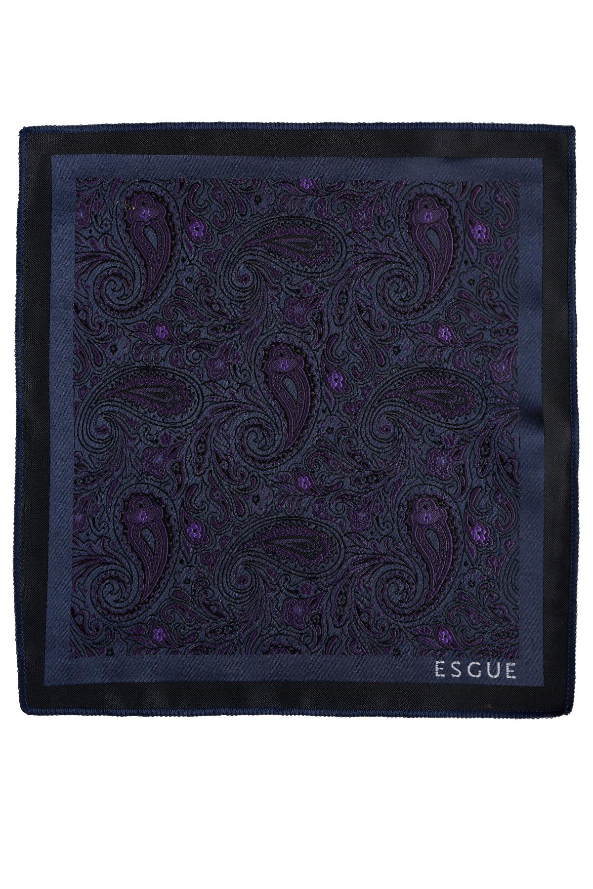 Esgue 8 Cm Klasik Geniş Hand Made Lacivert - Mor Şal Desen Mendilli Kravat