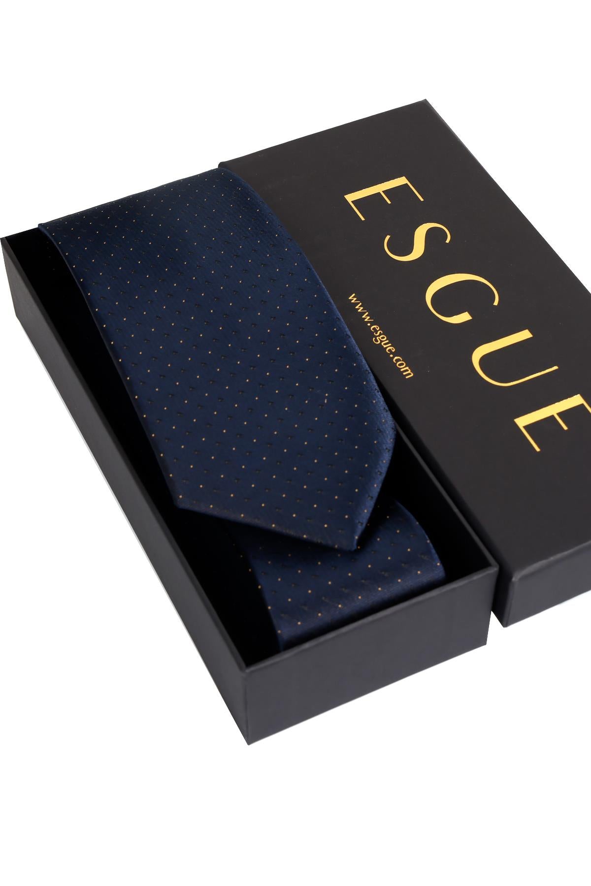 Esgue 8 Cm Klasik Geniş Hand Made Lacivert Sarı Nokta Desen Mendilli Kravat