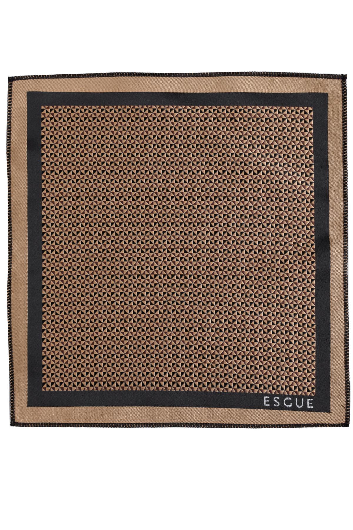 Esgue 8 Cm Klasik Geniş Hand Made Siyah - Bej Geometrik Desen Mendilli Kravat